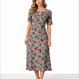 VTG  Size M Midi Dress Red Blue Green Print Short Sleeve Keyhole Neckline